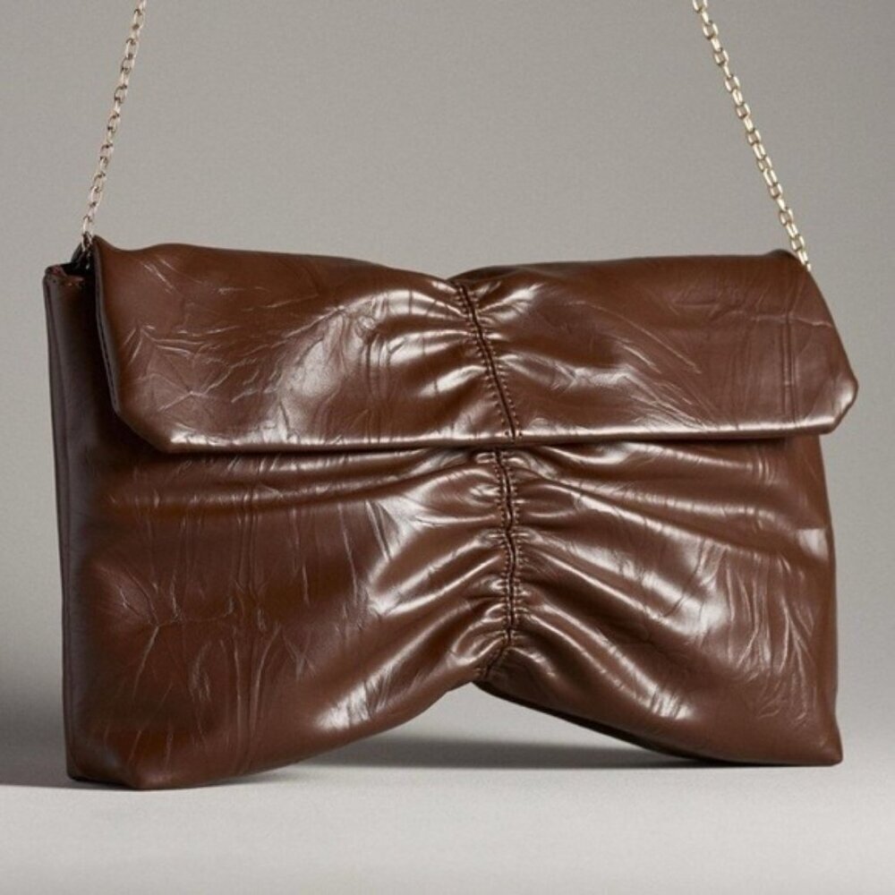 Anthropologie Vegan Leather Brown Scrunched Envelope Convertible Clutch Bag